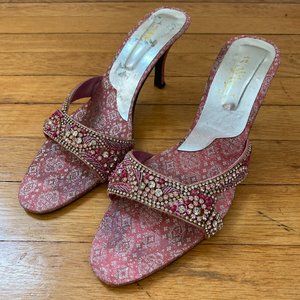1970s Pink Brocade Kitten Heels with Rhinestones